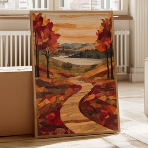 Wohnzimmer Wanddeko Herbstfarben | Landschaftsposter Natur | Herbstlandschaft Gemütlich | Warme Farben Kunstdruck Holzoptik Flur Kunst