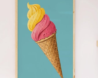 May include: A framed print featuring a colorful ice cream cone against a light blue background. The ice cream has yellow and pink swirls, and the cone is a waffle pattern. The artwork is displayed on a white wall.