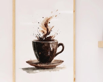 Coffee-themed kitchen decor | Modern watercolor painting | Brown and beige splash art poster | Creative art print for cafes, hallways, dining rooms, and coffee lovers