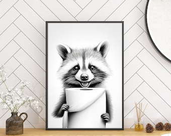 Bathroom Humor Decor | Funny Raccoon Illustration | Black and White Toilet Wall Art | Modern Animal Art for Home | Scandinavian Style Poster