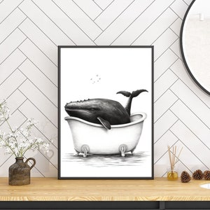 Décoration de salle de bain amusante | Illustration de baleine en noir et blanc | Décoration animalière de style scandinave | Impression d'art moderne pour chambre d'enfant