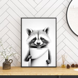 Badezimmer-Deko humorvoll | Schwarz Weiß Waschbär Porträt | Lustige Tierkunst | Skurrile Toilettenpapier-Illustration Wandbild | Tier Poster
