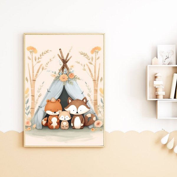 Tierfreunde für das Kinderzimmer | Kindgerechtes Wandbild | Niedliche Zeltabenteuer mit Waschbären und Fuchs | Tierisches Poster