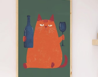 Wohnzimmer Kunst | Humorvolles Poster mit Katze | Orange Illustration | Lustige Dekoration Küche oder Bar | Exklusive Witzige Wandgestaltung