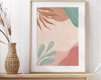 May include: A framed abstract art print with muted colors of peach, coral, and teal. The artwork features organic shapes and botanical elements. The print is displayed on a wooden bench with a woven vase and a brown rug, creating a serene, minimalist aesthetic.
