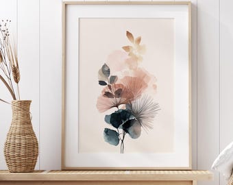 Modern living room wall art | Boho plant poster | Beige, pink, blue leaf decor | Nature-inspired art print poster for office or bedroom