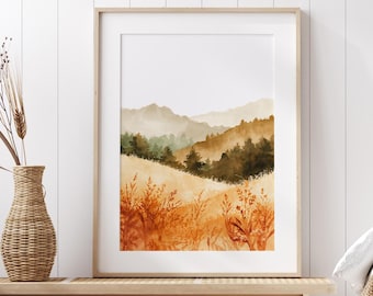 オリジナルの水彩画：森の中、森の風景、秋のハイキングコースの絵画