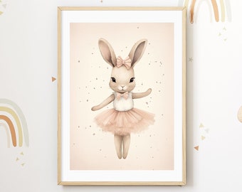 Decorazione murale per la cameretta | Poster con coniglietto in abito da ballerina | Stampa artistica rosa pastello | Illustrazione di animali in stile scandinavo per la cameretta di una bambina o di un neonato