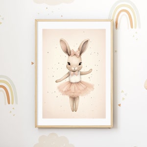 Decoración infantil | Ilustración de un conejito | Arte de ballet pastel para habitación de niña | Póster de bebé | Arte mural para niños y bebés