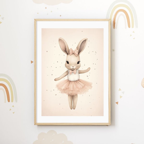 Ballett-Hase Wandbild | Kinderzimmer Deko | Babyzimmer Poster | Tier Ballerina Wanddeko | Baby Dekoration in Beige und Rosa | Kinderposter
