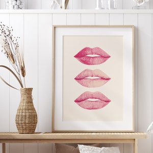 Decorazione murale con labbra rosa che si baciano | Decorazione estetica della moda | Poster per camerette da ragazza | Lip Art alla moda | Murales stampabili