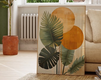 Affiche artistique Monstera : feuilles vertes et touches dorées | Impression d&#39;art | Décoration végétale