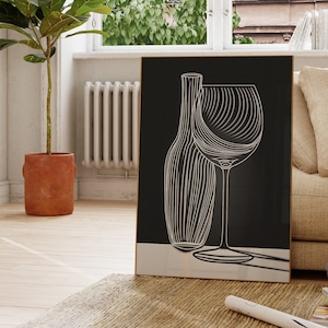 Decorazione da parete minimalista con bicchiere di vino in bianco e nero, semplice immagine di bicchiere di vino dal design elegante, arte moderna con design a linee bianche