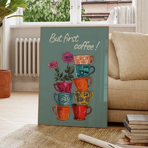 Mural de cozinha hora do café colorido | Decoração engraçada para os amantes de café | Fotos modernas para salas de jantar | Impressão de arte engraçada Café da manhã