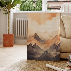 Modern living room wall art | Scandi mountain landscape poster | Beige gray art print hallway bedroom artwork | Landscape decor idea