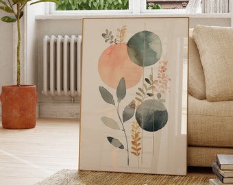 Scandinavian Living Room Art | Watercolor Botanical Print Design | Pastel Plant Decor Hallway Wall Art | Modern Minimalist Elegance