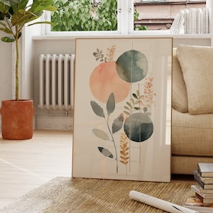 Modern living room wall art | Scandinavian design poster plants | Watercolor orange green minimalist | Elegant decoration for home or office