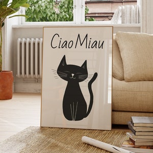 Ciao Miau cat poster for cat fans | Funny wall decoration with a black cat | Humorous saying | Gift for cat lovers
