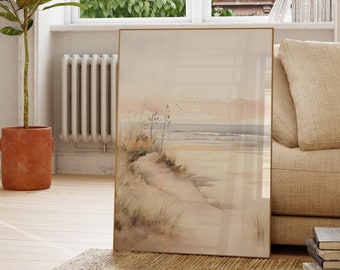 Kalmerende strand aquarel schilderij | Pastelkleuren kunst aan de muur | Decoratie van zeegezichten | Kustmuurschildering | Decoratieve strandposter | Zee foto