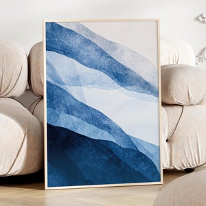 Murale moderno nei toni del blu | Decorazione del soggiorno blu | Arte digitale ad acquerello | Immagini astratte camera da letto | Arte murale minimalista
