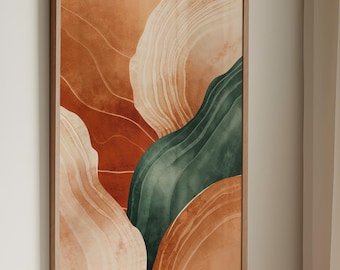 May include: Abstract art print in a wooden frame. The artwork features flowing shapes in shades of orange, green, and cream, with thin, curved lines. The print is displayed on a white wall above a bed with cream-colored bedding.