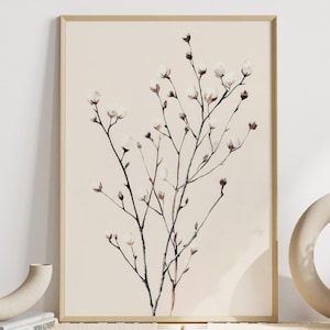 Decorazione murale minimalista con rami di cotone | Poster per soggiorno scandinavo | Arte naturalistica Hygge | Arte murale minimalista naturalistica