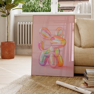 Decorazione murale con cane palloncino rosa | Poster decorativo per ragazze | Decorazioni alla moda per la cameretta delle ragazze | Decorazioni per il soggiorno | Quadri rosa | Stampa artistica con arcobaleno colorato