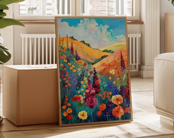 Kwiatowy wydruk artystyczny z krajobrazem | Kolorowa ilustracja natury do salonu | Letni plakat z kwiatowym przepychem | Żywy kwiatowy wydruk artystyczny