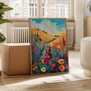 Arte murale per soggiorno Paesaggio | Murale di un prato fiorito colorato | Stampa su tela con panorama della natura, decorazione estiva per ufficio e corridoio