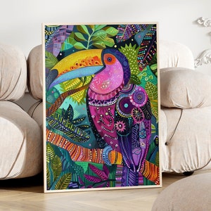 Poster tucano tropicale colorato moderno | Quadro di animali esotici in soggiorno | Decorazione da parete stile giungla per ufficio | Stampa artistica di uccelli tropicali | Immagine corridoio cucina