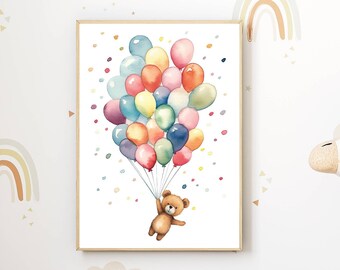 Colorful Kids' Room Decor | Watercolor Poster Teddy Bear Balloons | Cheerful Wall Art for Baby Rooms | Playful Art Prints for Boys and Girls