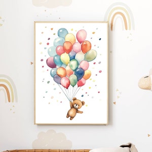 Póster de osito de peluche colorido para habitación infantil | Decoración de pared con globos | Cuadro de osito de peluche adorable | Decoración minimalista para habitación de bebé