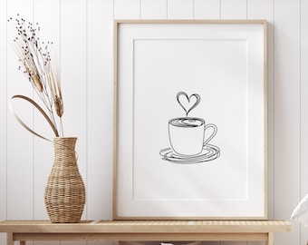 Minimalist coffee cup poster | One line art coffee cup with heart | Black and white kitchen picture | Modern coffee poster for the kitchen and dining room