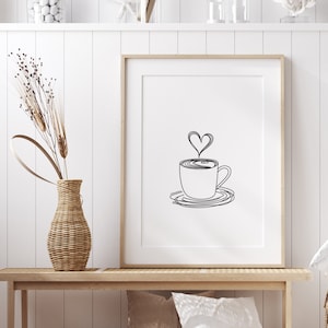 Minimalist coffee cup poster | One line art coffee cup with heart | Black and white kitchen picture | Modern coffee poster for the kitchen and dining room