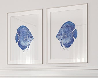 Set of 2 Watercolor Discus Fish Wall Art | Blue Fish Poster | Modern Beach House Decor | Sea Creatures Wall Art for Living Room | Coastal Decor