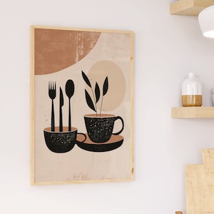 Immagine cucina moderna ed elegante | Posate scandinave retrò | Tazze nere beige | Decorazione murale minimalista per sala da pranzo | Poster per cucina con decorazione retrò