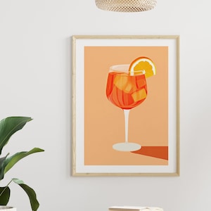 Decoración moderna para sala de estar | Póster de cóctel veraniego | Ilustración minimalista naranja de aperitivo | Decoración de pared con arte fresco para cocina y bar