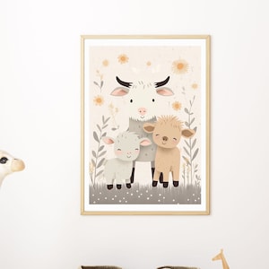 Niedliche Tierfamilie Wandbild für Kinderzimmer | Minimalistisches Babyzimmer Boho Poster | Kinderposter Tier Deko | Wandkunst für Kinder