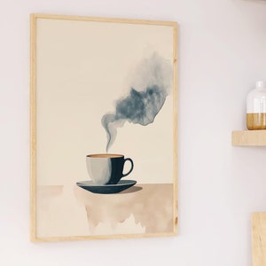 Decorazione da parete per cucina moderna | Poster astratto di caffè scandinavo | Immagini di tazze blu e beige | Idee di interior design accoglienti | Immagine di cucina boho