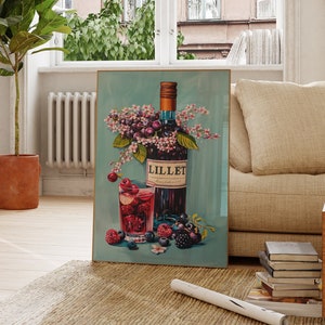 Arte da cucina retrò | Stampa da bar vintage con frutta | Illustrazione di natura morta colorata | Decorazione da parete elegante per sala da pranzo e cucina con aperitivo Lillet