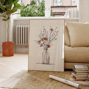 Arte floral para sala de estar | Póster de arreglo floral escandinavo | Jarrones con ilustración de acuarela, decoración minimalista | Toque natural para pasillo y comedor