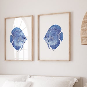 Set di 2 acquerelli blu | Arte rilassante per bagno, camera da letto o corridoio | Decorazione murale in stile Mare del Nord | Decorazione costiera scandinava