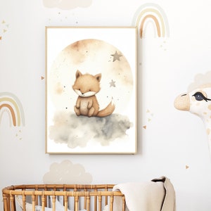 Imagen de zorro para guardería | Póster escandinavo para bebé | Bonita ilustración de acuarela | Decoración de pared en tonos pastel para sala de juegos con animales del bosque