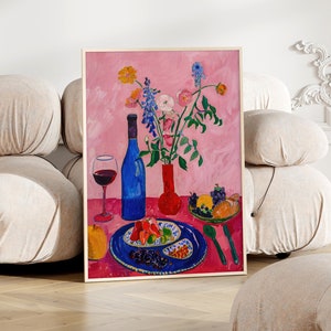 Rotes Wandbild modern | Abstrakte Kunst für Küche & Esszimmer | Kreativer Kunstdruck gedeckter Tisch | Stilvolle Deko Illustration