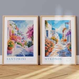 Set di 2 poster Grecia | Murales di Mykonos, Rodi e Santorini | Arte mediterranea per soggiorno, corridoio, ufficio | Decorazione estiva per la casa