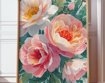 Modern living room wall decor | Colorful floral poster | Pink peony illustration | Scandinavian floral art print for bedroom and kitchen