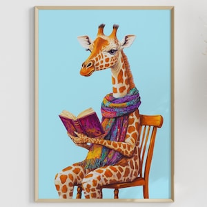 Colorful living room wall art | Humorous giraffe poster | Animal illustration with book | Colorful modern decor | Vibrant color pictures