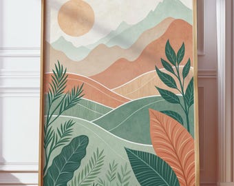 Living room wall art landscape | Boho art print Scandinavian style | Nature poster mountains green orange | Minimalist decor plants sunshine office