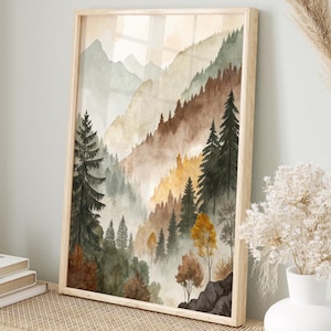 Rustgevende bergposter in aquarel | Mystiek boslandschap | Herfstachtige Scandinavische decoratie voor woonkamer, hal, kantoor | Ontspannende afbeelding