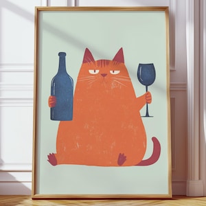 Immagini di corridoi in stile scandinavo | Gatto arancione con vino | Illustrazione umoristica moderna | Decorazioni colorate per il soggiorno | Decorazioni murali per la cucina